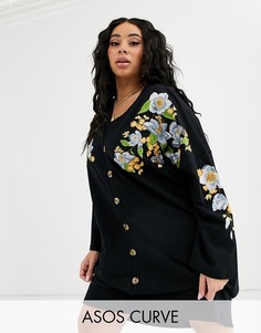 Трикотажное платье мини на пуговицах с вышивкой ASOS DESIGN Curve-Черный