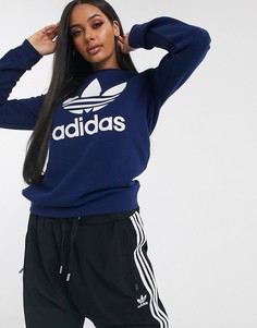 Свитшот с круглым вырезом и логотипом-трилистником adidas Originals-Темно-синий