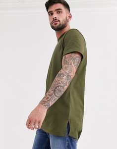 Длинная футболка цвета хаки с круглым вырезом и разрезами по бокам ASOS DESIGN-Зеленый