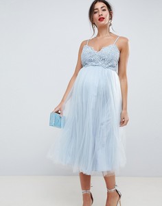 Премиум-платье миди с кружевным топом на бретельках и юбкой из тюля ASOS DESIGN Maternity-Синий