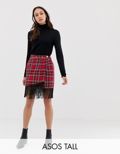 Мини-юбка в клетку с запахом и бахромой ASOS DESIGN Tall-Красный