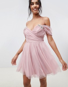 Платье мини из тюля с отделкой ASOS DESIGN-Розовый