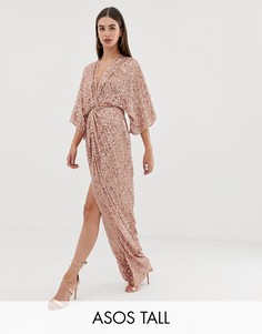 Платье-кимоно с узлом спереди и отделкой пайетками ASOS DESIGN Tall-Мульти