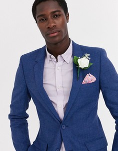 Синий приталенный пиджак из смеси хлопка и льна ASOS DESIGN wedding