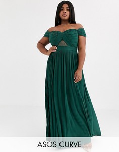 Платье макси с открытыми плечами, плиссировкой и кружевом ASOS DESIGN Curve-Зеленый