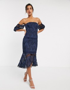 Платье-бандо миди с вышивкой ASOS DESIGN-Темно-синий
