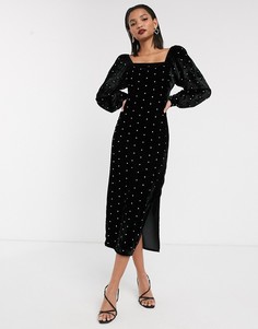 Бархатное платье макси с пышными рукавами и стразами ASOS DESIGN-Черный
