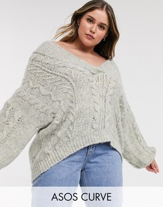 Oversize-джемпер крупной вязки с узором \"косичка\" ASOS DESIGN Curve-Серый