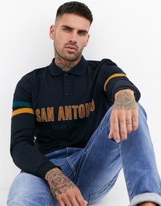 Поло с контрастными вставками на рукавах и принтом ASOS DESIGN-Темно-синий