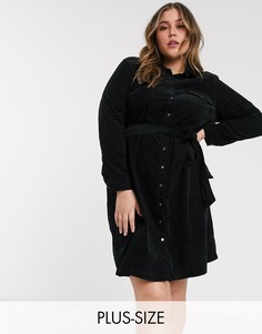Черное вельветовое платье-рубашка с поясом New Look Curve-Черный