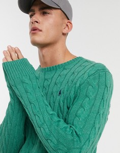 Зеленый меланжевый хлопковый джемпер с круглым вырезом и логотипом Polo Ralph Lauren