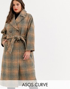 Пальто в клетку с поясом ASOS DESIGN Curve-Мульти