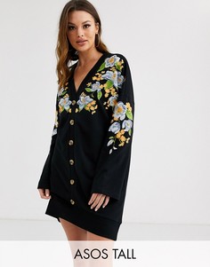 Трикотажное платье мини на пуговицах с вышивкой ASOS DESIGN Tall-Черный