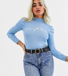 Голубой джемпер с пышными рукавами и надписью River Island Petite-Синий
