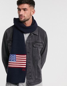 Темно-синий шерстяной шарф с рисунком американского флага Polo Ralph Lauren-Черный
