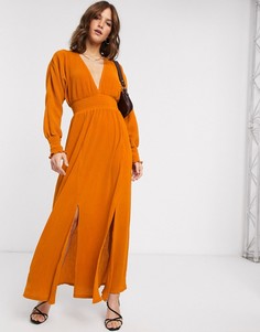 Платье макси в рубчик с длинными рукавами и присборенной талией ASOS DESIGN-Мульти