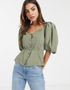 Чайная блузка с пышными рукавами и пуговицами ASOS DESIGN-Зеленый