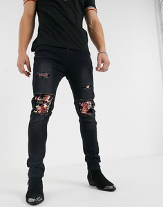 Черные джинсы скинни с рваной отделкой и пайетками One Above Another-Черный