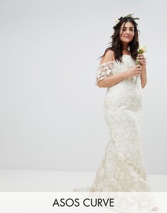 Кружевное платье бандо ASOS EDITION Curve Wedding-Белый