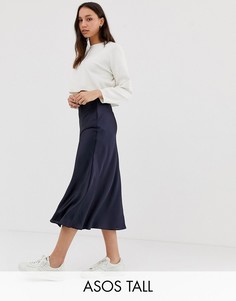 Атласная юбка миди с разрезами ASOS DESIGN Tall-Темно-синий