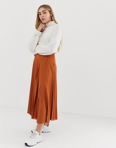 Плиссированная юбка миди с разрезом и отделкой ASOS DESIGN-Коричневый