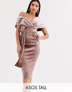Бархатное платье-футляр миди со спущенными плечами и поясом ASOS DESIGN Tall-Бежевый