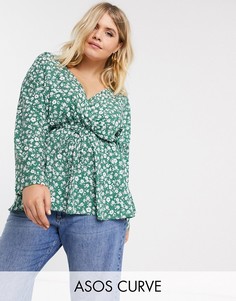 Топ с рукавами \"летучая мышь\", цветочным принтом и завязкой на талии ASOS DESIGN Curve-Мульти