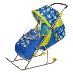 Санки-коляска Baby Care Умка 3-1/2 принт синий с медвежатами, со светоотражателями