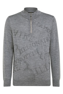 Серый пуловер с жаккардовыми надписями Billionaire