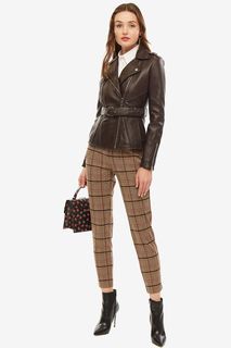 Коричневая кожаная куртка косуха с поясом на талии Pinko