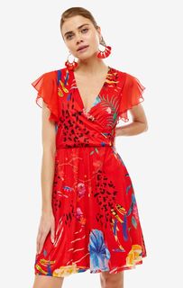 Красное платье с драпированными рукавами Desigual