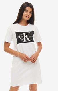 Белое хлопковое платье-футболка с принтом Calvin Klein Jeans