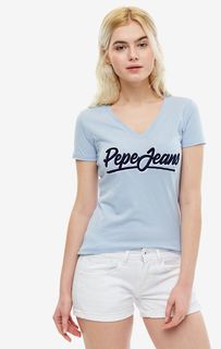 Синяя футболка с треугольным вырезом Pepe Jeans