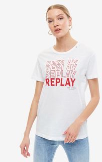 Белая хлопковая футболка с принтом Replay
