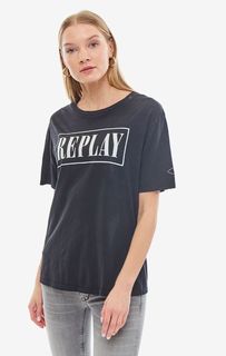 Хлопковая футболка черного цвета с принтом Replay