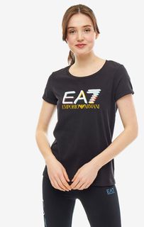 Черная хлопковая футболка с ярким принтом EA7