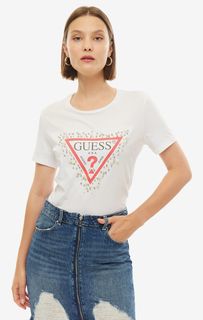Футболка из хлопка с отделкой камнями Guess