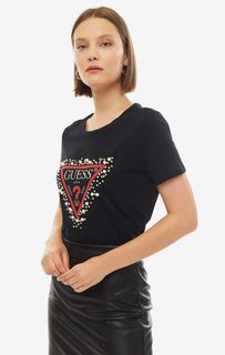 Черная хлопковая футболка с отделкой камнями Guess