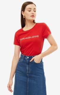Красная хлопковая футболка с логотипом бренда Calvin Klein Jeans