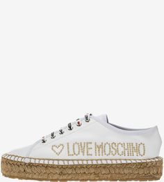 Белые кожаные кеды на плетеной платформе Love Moschino