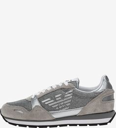 Серебристые текстильные кроссовки с замшевыми вставками Emporio Armani