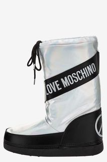 Серебристые полусапоги дутики с логотипом бренда Love Moschino