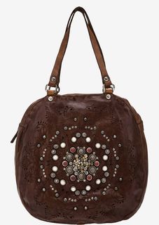 Кожаная сумка коричневого цвета с отделкой металлом и камнями Campomaggi