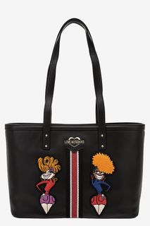 Черная кожаная сумка с яркими нашивками Love Moschino