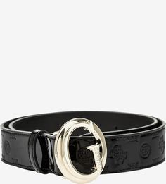 Черный лаковый ремень с золотистой пряжкой Guess