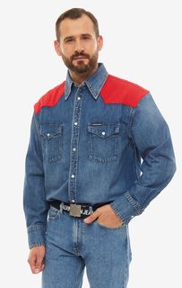Синяя джинсовая рубашка с красными вставками Calvin Klein Jeans