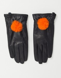 Кожаные перчатки с помпоном из искусственного меха Jayley-Черный