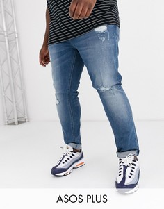 Синие зауженные джинсы с рваной отделкой ASOS DESIGN Plus-Синий