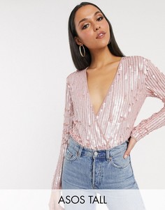 Эксклюзивное розовое боди с запахом и пайетками ASOS DESIGN Tall-Розовый