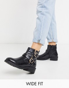 Черные байкерские ботинки из искусственной крокодиловой кожи New Look wide fit-Черный